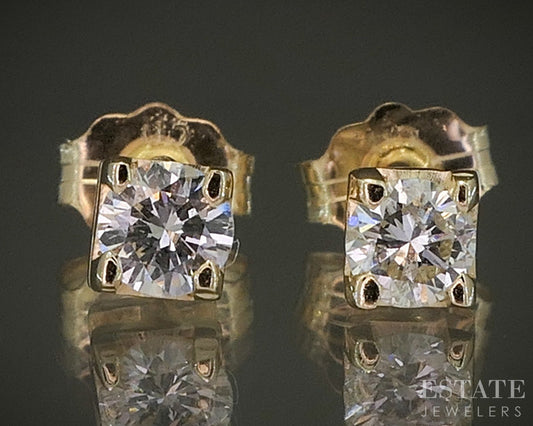 14k Yellow Gold Round Natural .25ctw Diamond Square Stud Earrings p25930b