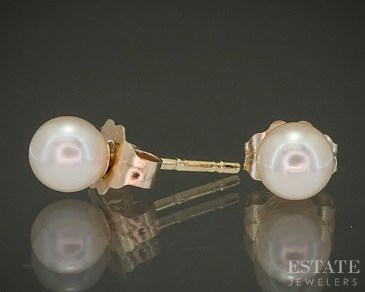 14k Yellow Gold 4.2mm Akoya Pearl Stud Ladies Earrings p27436b
