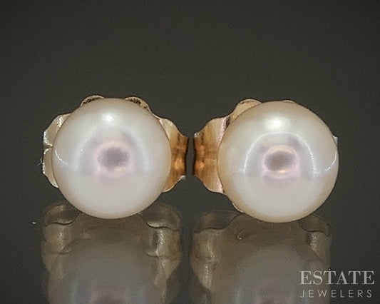 14k Yellow Gold 4.2mm Akoya Pearl Stud Ladies Earrings p27436b