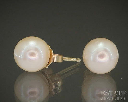 14k Yellow Gold 7.5mm Akoya Pearl Stud Ladies Earrings p24681b