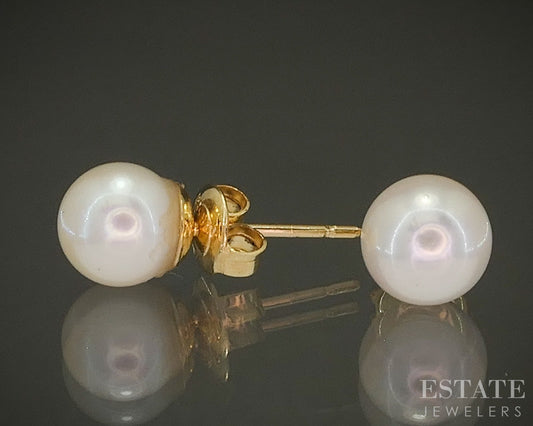 14k Yellow Gold 6.5mm Akoya Pearl Stud Ladies Earrings p27435b