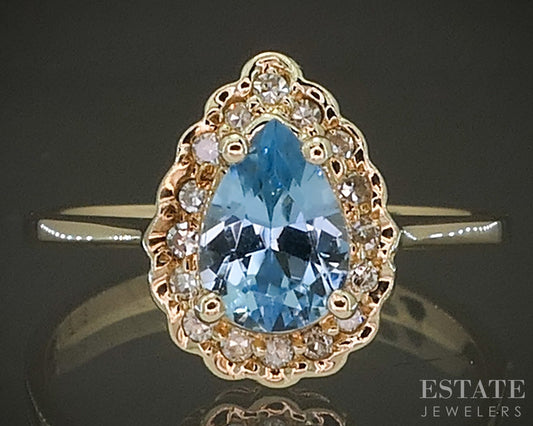 Vintage 14k Yellow Gold Natural Blue Topaz & Diamond Halo Ring 2.6g p27567b