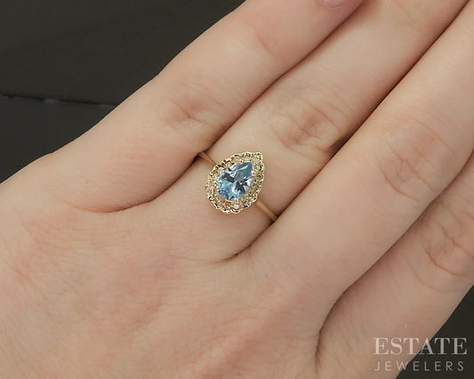 Vintage 14k Yellow Gold Natural Blue Topaz & Diamond Halo Ring 2.6g p27567b