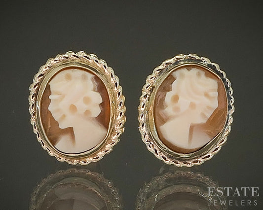 Vintage 14k Yellow Gold Natural Cameo Stud Ladies Earrings 1.2g p27994