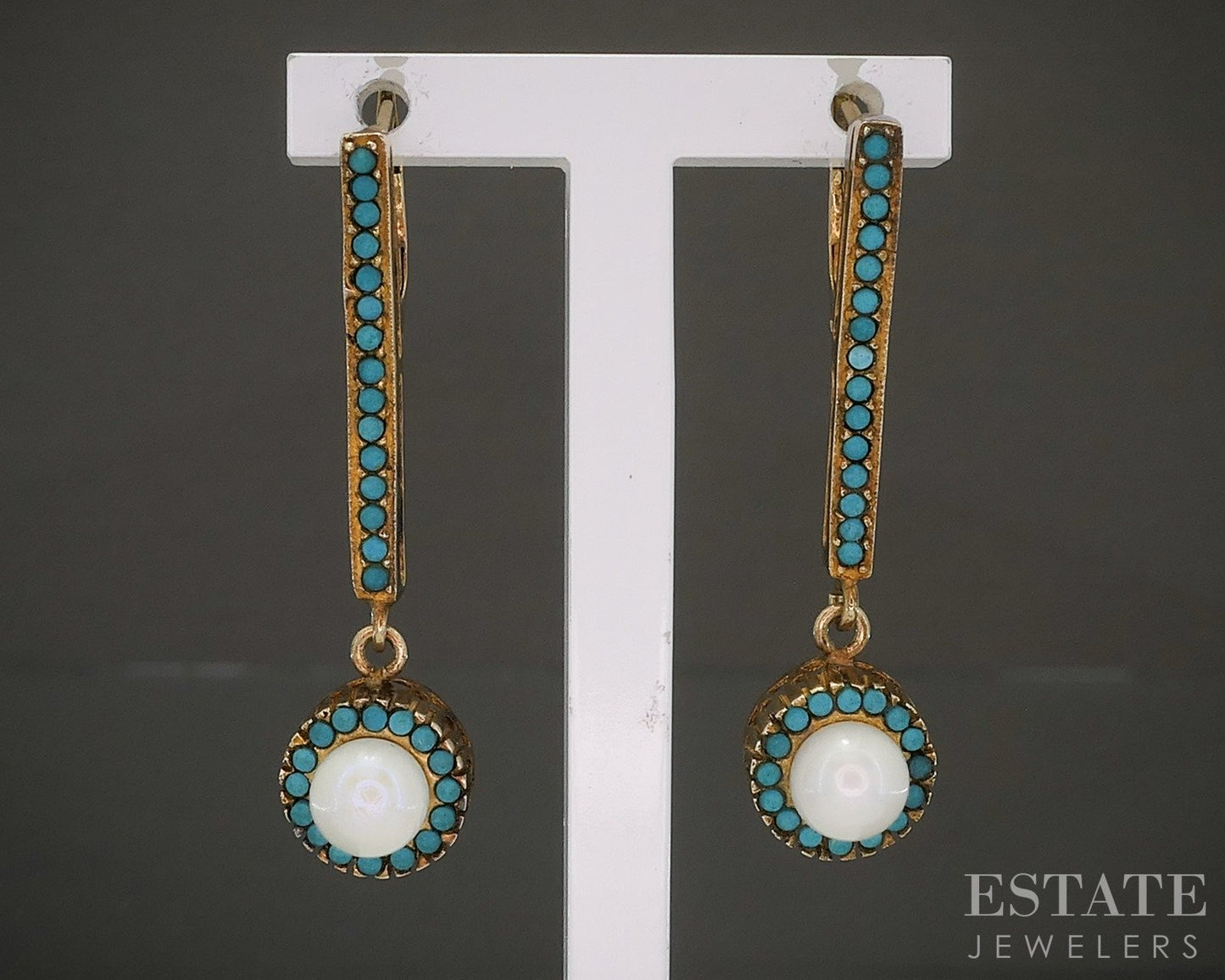 Vintage 14k Yellow Gold Cultured Pearl & Turquoise Dangle Earrings 4.4g p27671