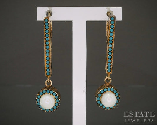 Vintage 14k Yellow Gold Cultured Pearl & Turquoise Dangle Earrings 4.4g p27671