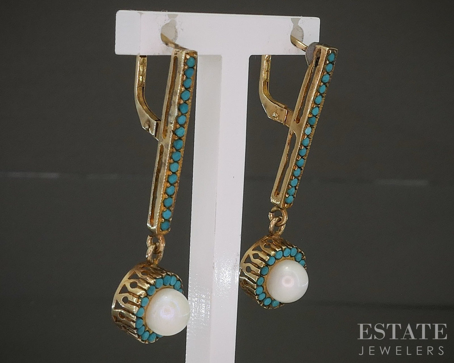 Vintage 14k Yellow Gold Cultured Pearl & Turquoise Dangle Earrings 4.4g p27671