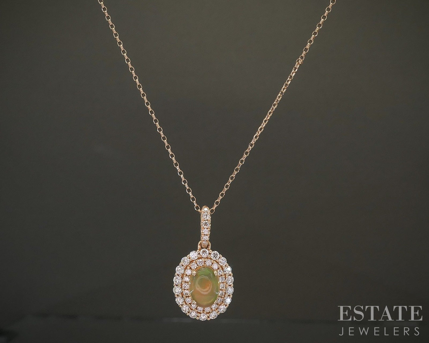 14k Rose Gold Natural Jelly Opal & Diamond Ladies Necklace 2.2g 18"L p28042