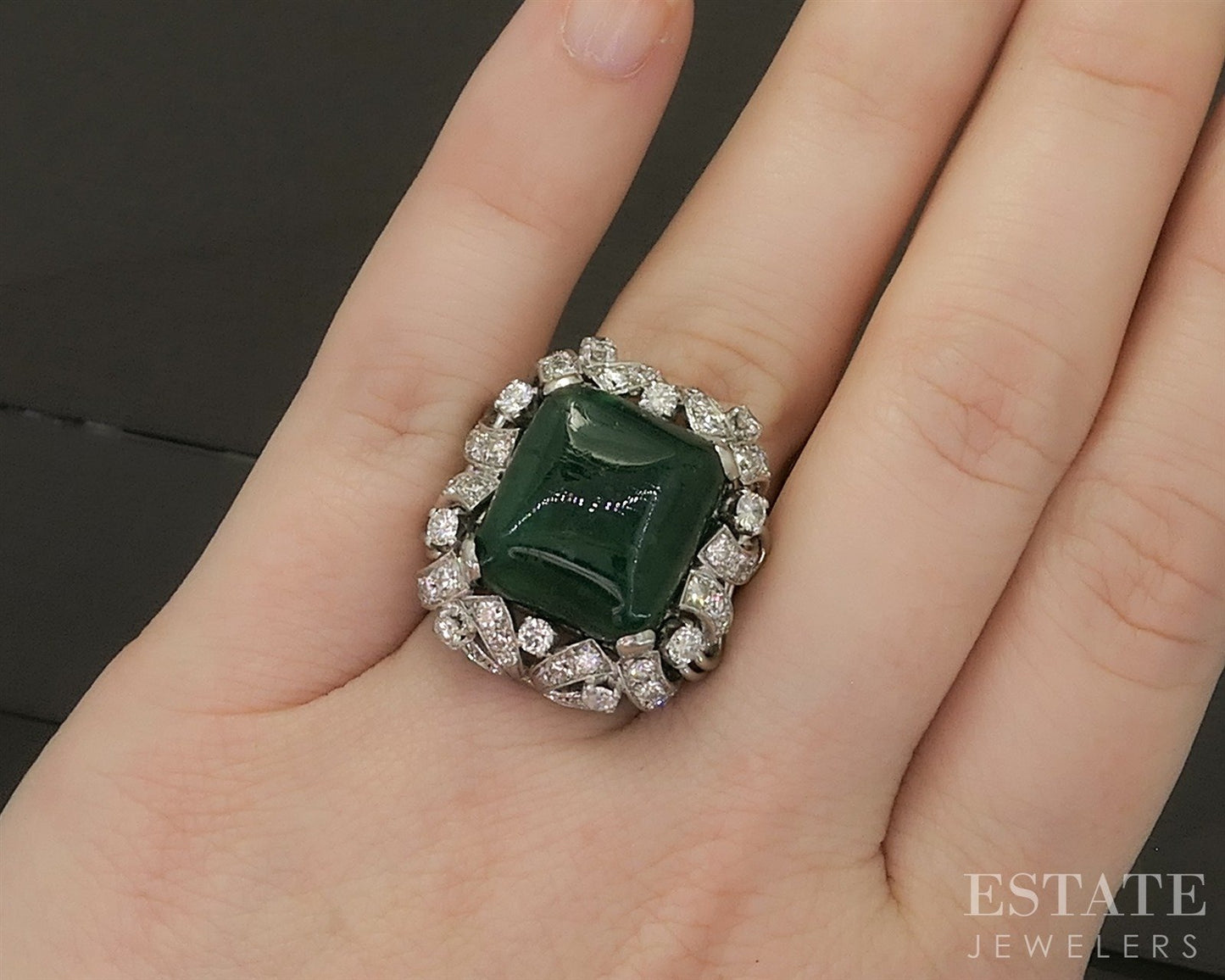 Vintage Platinum Natural 10.5ct Emerald & Diamond Cocktail Ring 17.6g p24585