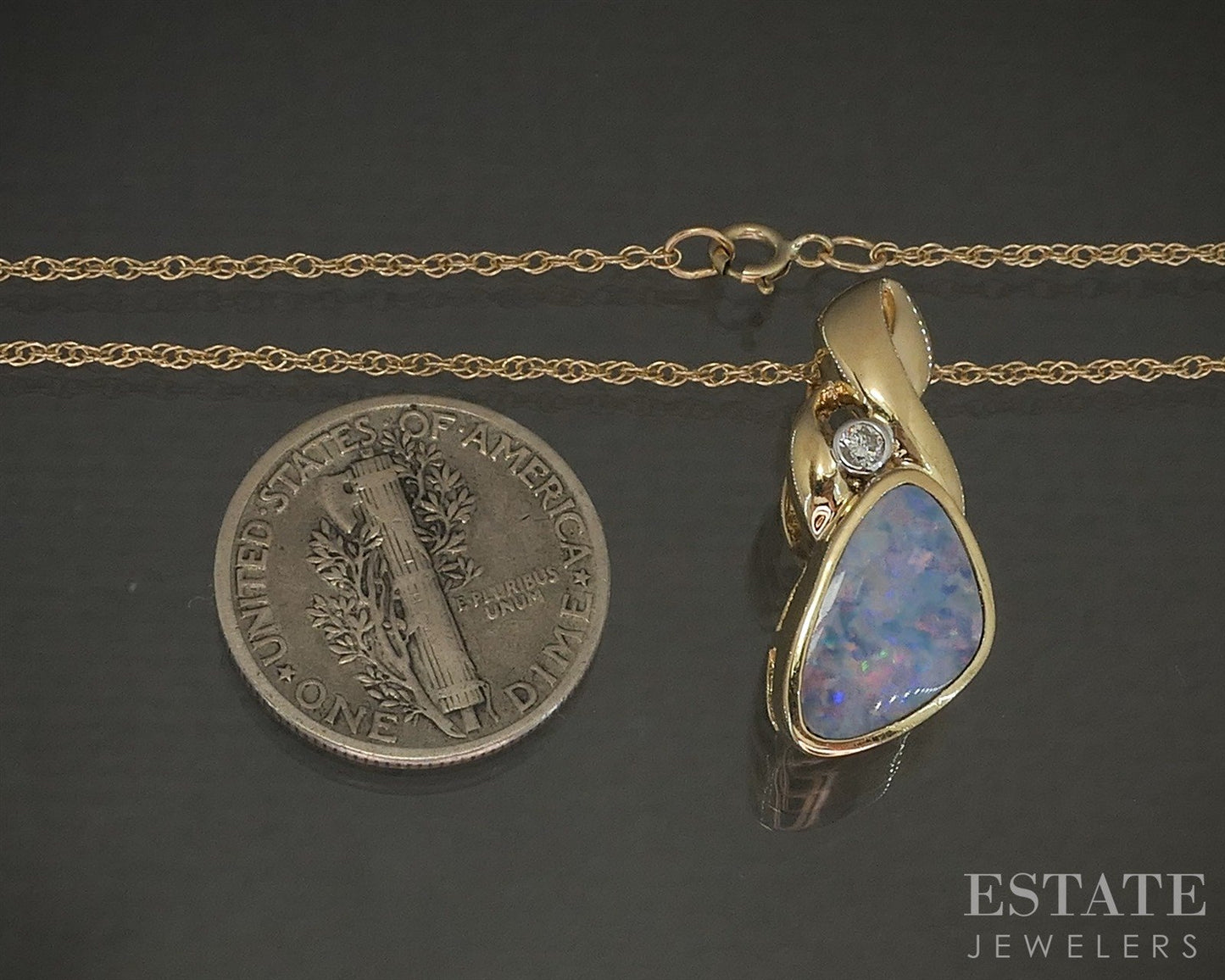 10k Yellow Gold Natural Boulder Opal & Diamond Ladies Necklace 2.4g 18"L p26106