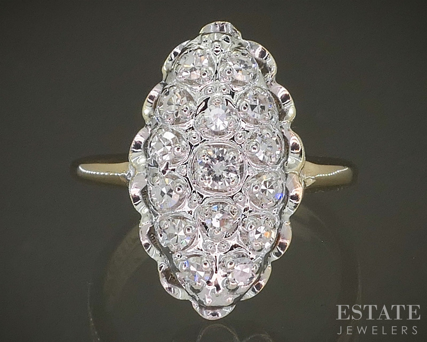 Vintage 14k Yellow Gold Natural .30ctw Diamond Cluster Navette Ring 3.5g p26113
