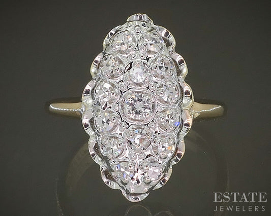 Vintage 14k Yellow Gold Natural .30ctw Diamond Cluster Navette Ring 3.5g p26113