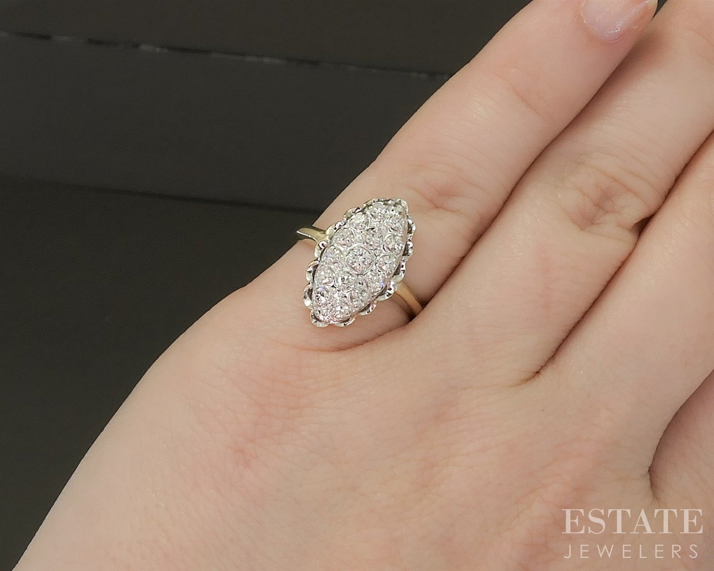Vintage 14k Yellow Gold Natural .30ctw Diamond Cluster Navette Ring 3.5g p26113