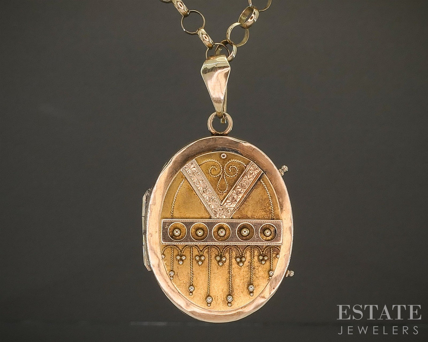 Antique Victorian 10k Yellow Gold Beadwork Oval Locket Necklace 18.2g p26397