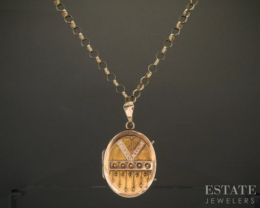 Antique Victorian 10k Yellow Gold Beadwork Oval Locket Necklace 18.2g p26397