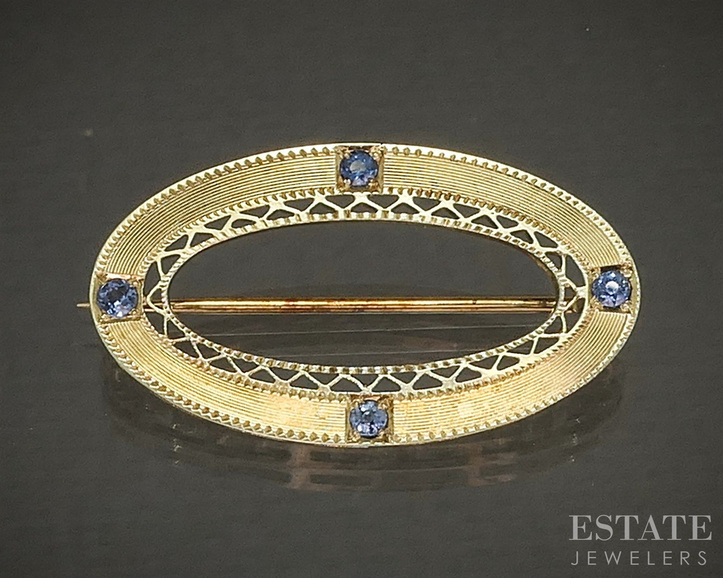 Vintage 14k Yellow Gold Natural Blue Sapphire Oval Pin Brooch 2.7g p25650