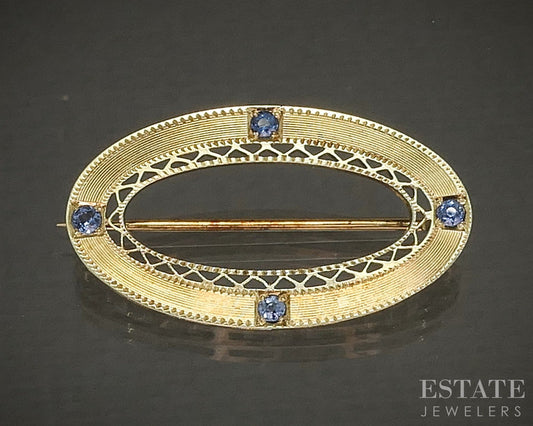 Vintage 14k Yellow Gold Natural Blue Sapphire Oval Pin Brooch 2.7g p25650