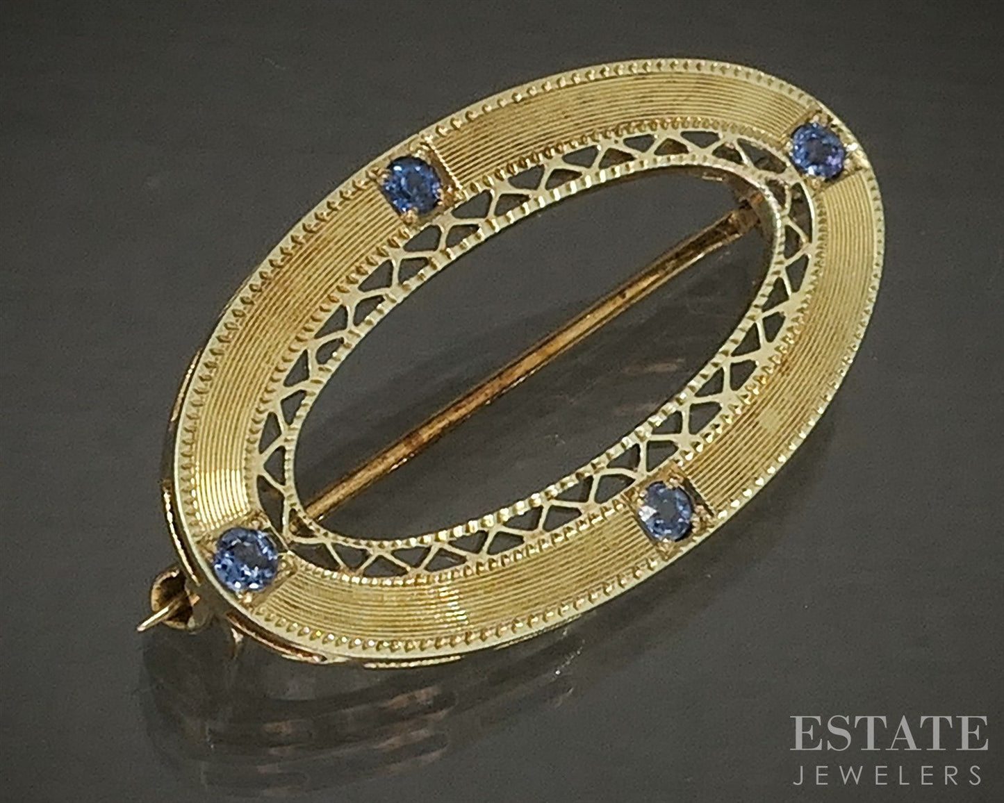 Vintage 14k Yellow Gold Natural Blue Sapphire Oval Pin Brooch 2.7g p25650