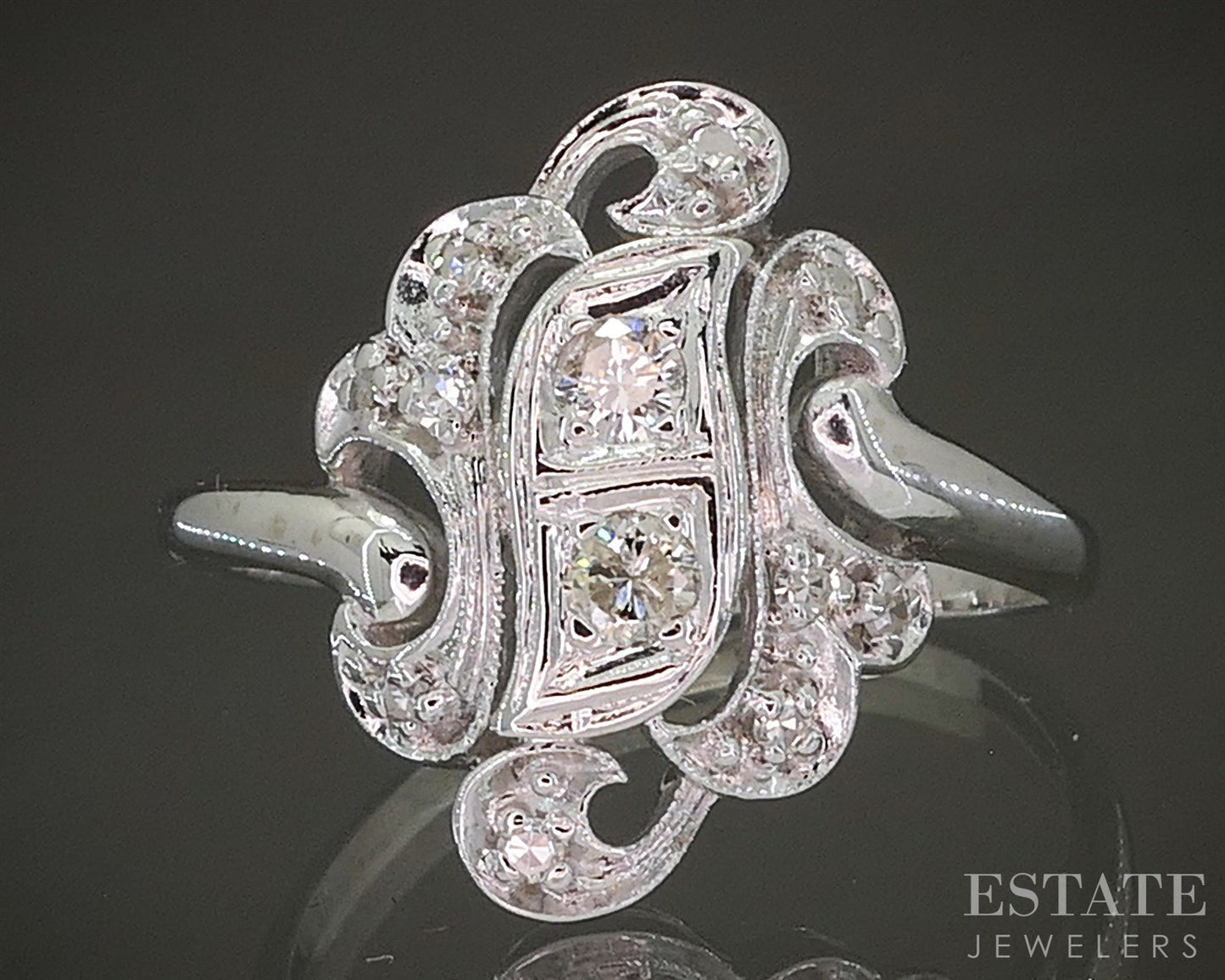 Antique 14k White Gold Natural .20ctw Diamond Filigree Scroll Ring 3.5g p26743
