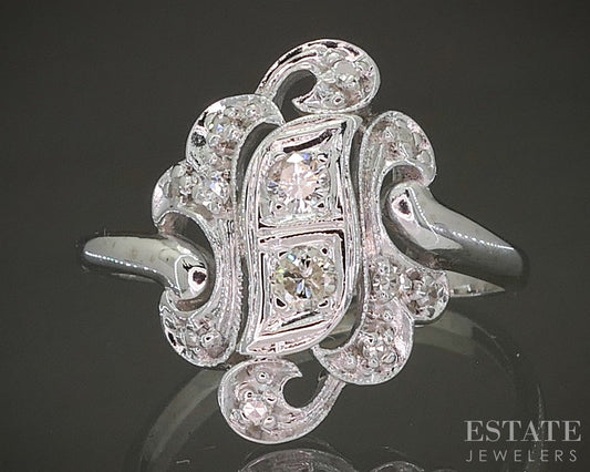 Antique 14k White Gold Natural .20ctw Diamond Filigree Scroll Ring 3.5g p26743