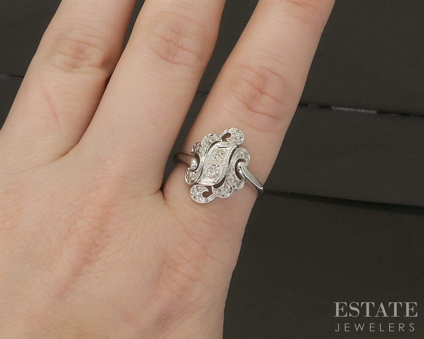Antique 14k White Gold Natural .20ctw Diamond Filigree Scroll Ring 3.5g p26743