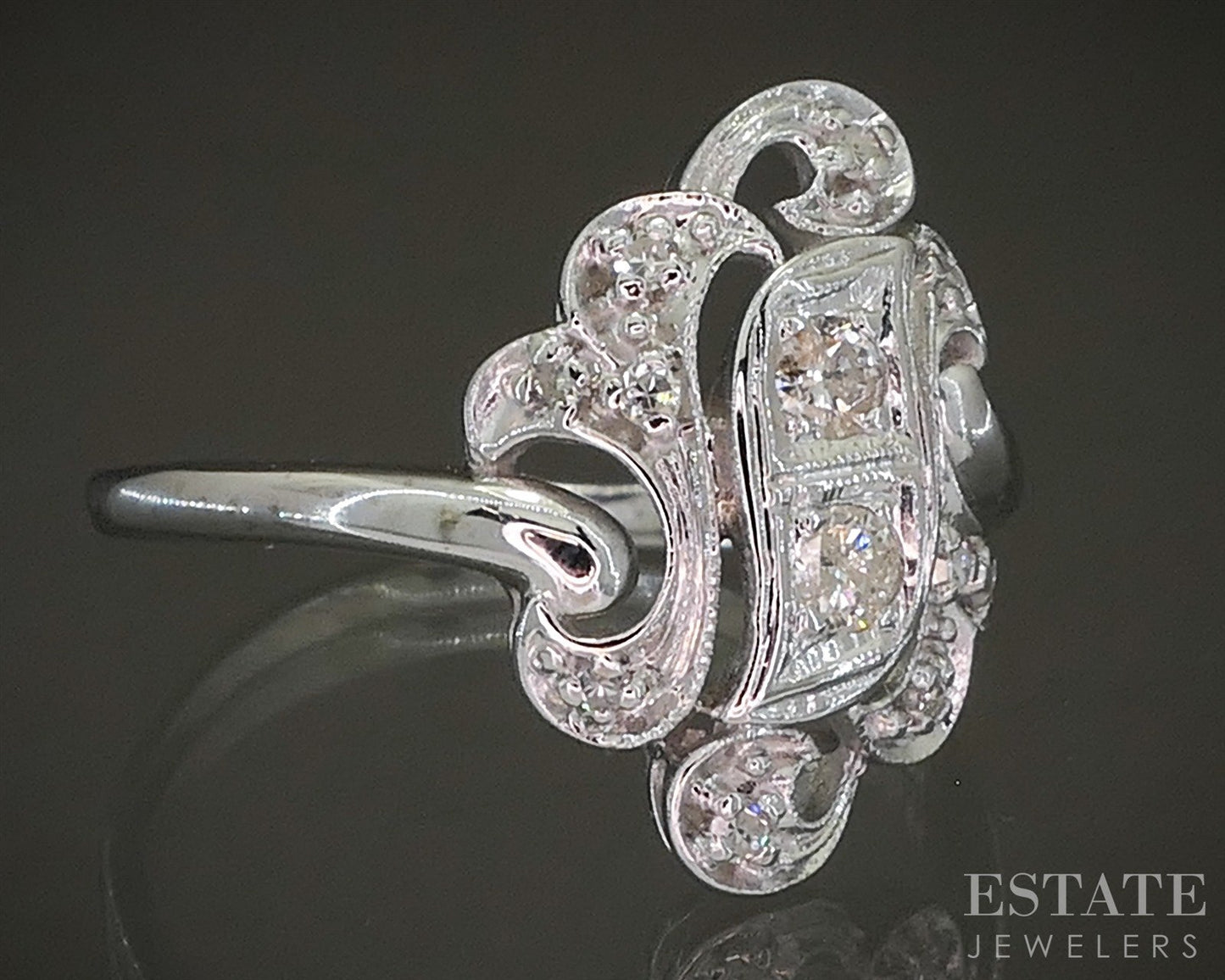 Antique 14k White Gold Natural .20ctw Diamond Filigree Scroll Ring 3.5g p26743