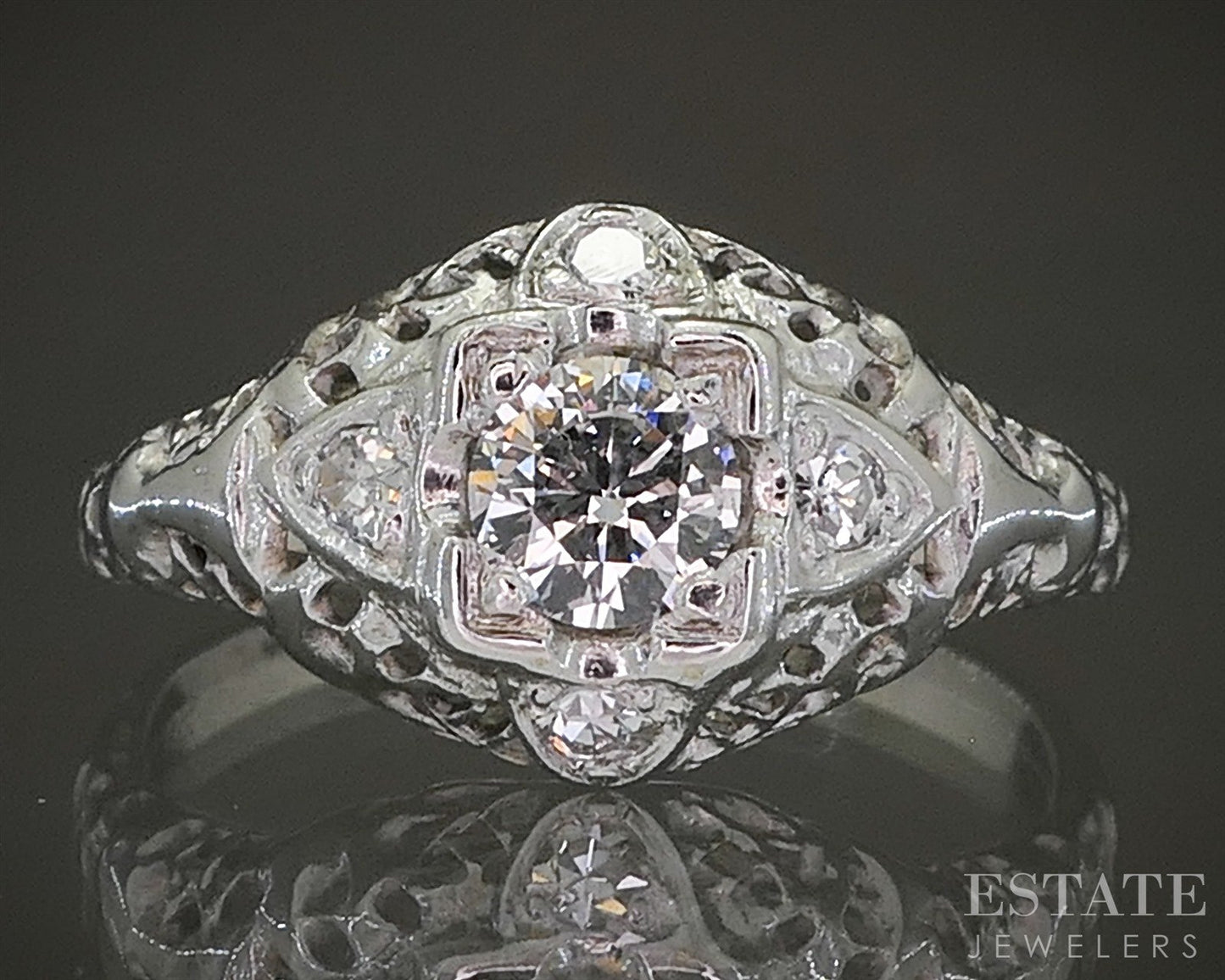 Antique 18k White Gold Natural .24ctw Diamond Filigree Engagement Ring p26924