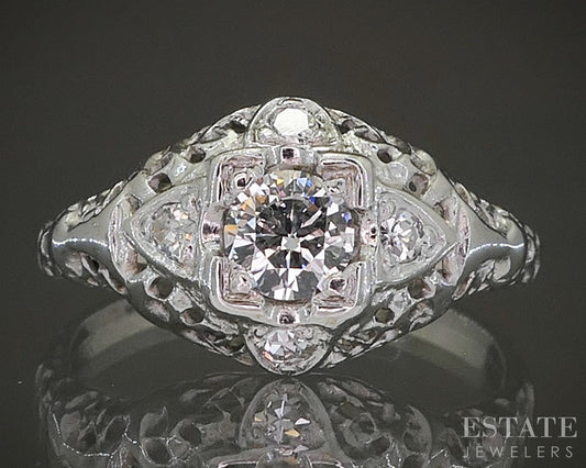 Antique 18k White Gold Natural .24ctw Diamond Filigree Engagement Ring p26924