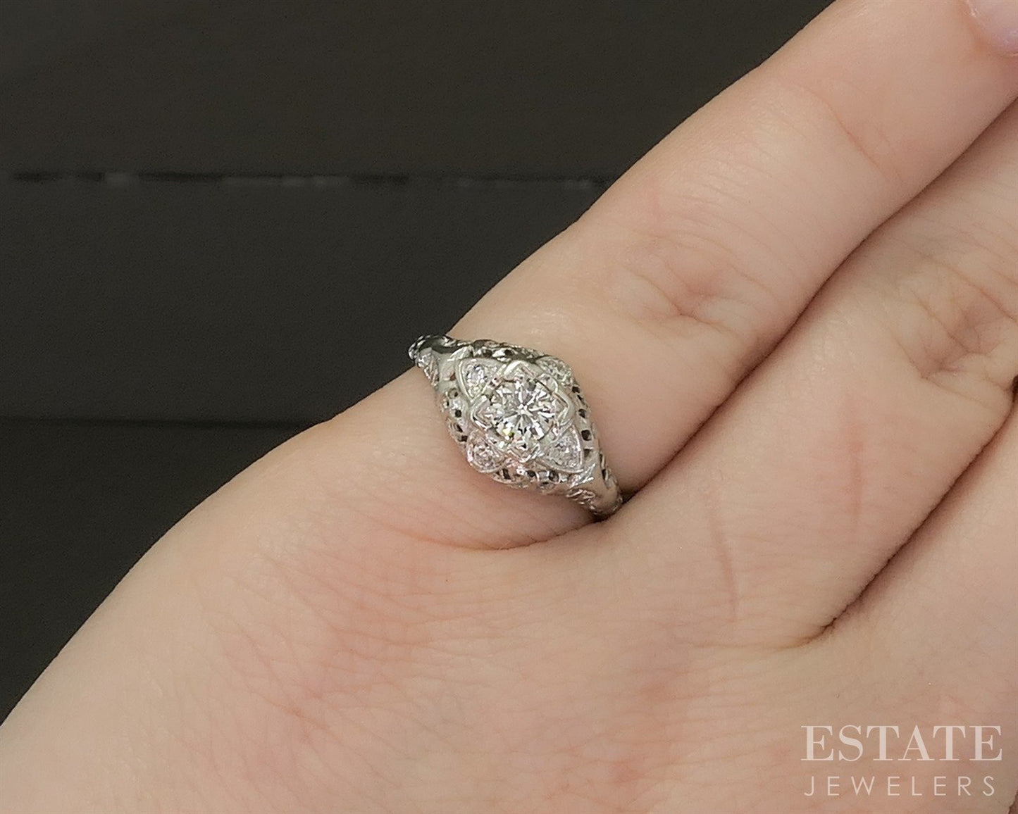Antique 18k White Gold Natural .24ctw Diamond Filigree Engagement Ring p26924