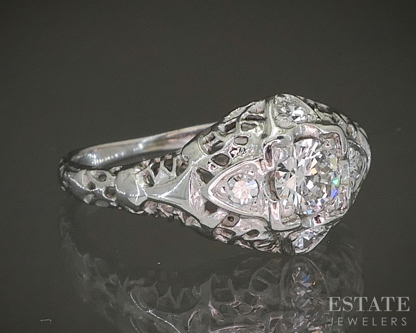 Antique 18k White Gold Natural .24ctw Diamond Filigree Engagement Ring p26924