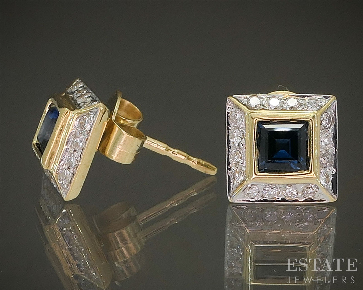 18k Yellow Gold Natural Diamond & Blue Sapphire Square Stud Earrings 2.8g p24275