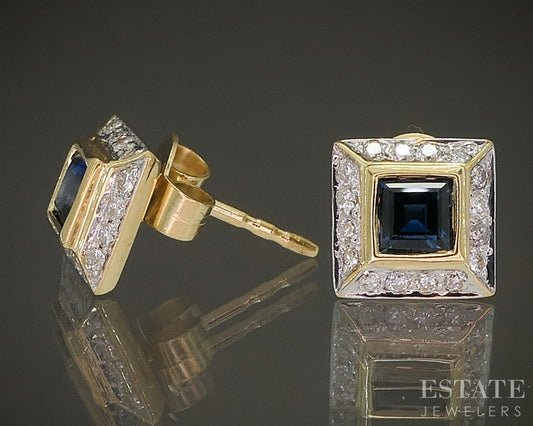 18k Yellow Gold Natural Diamond & Blue Sapphire Square Stud Earrings 2.8g p24275