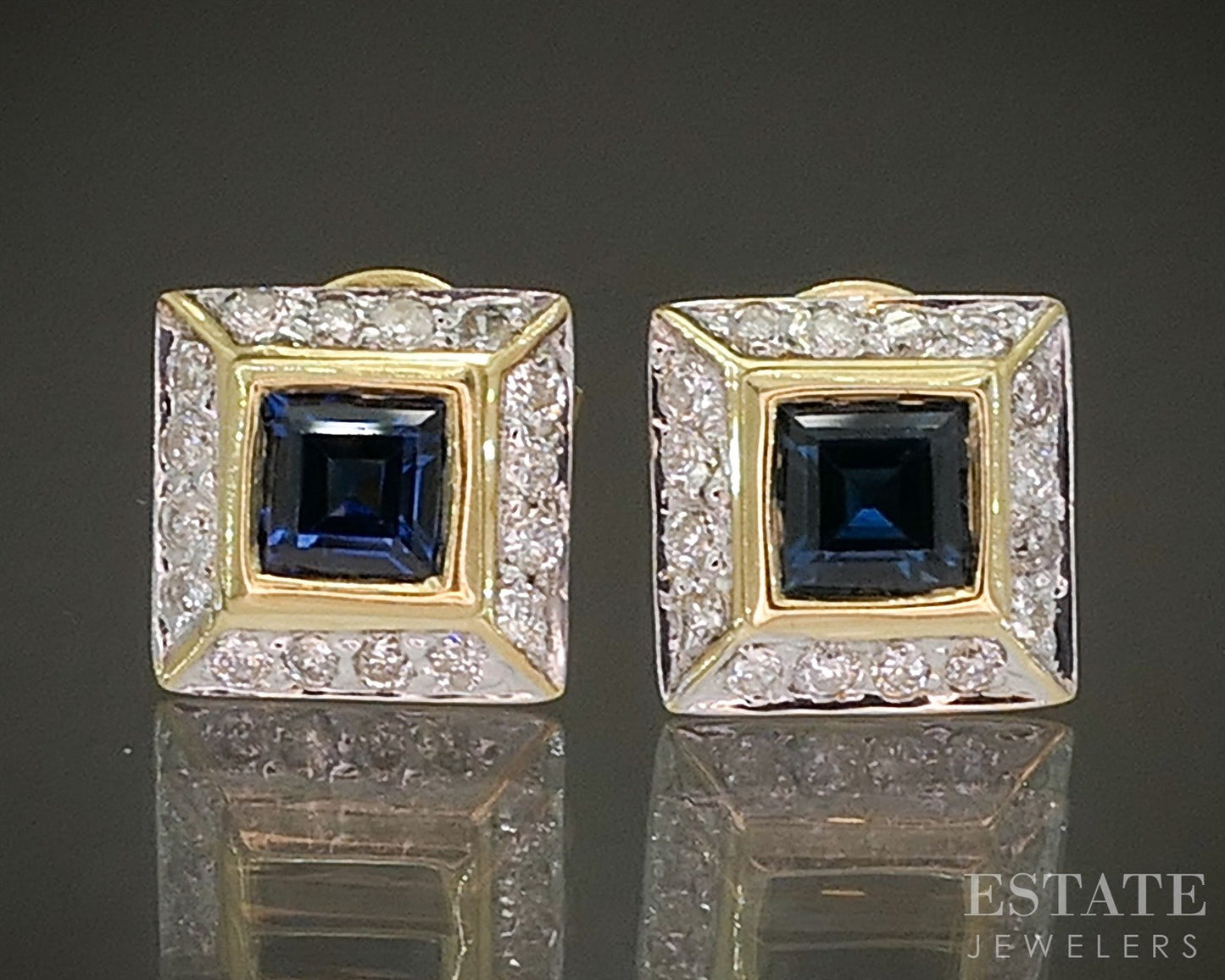 18k Yellow Gold Natural Diamond & Blue Sapphire Square Stud Earrings 2.8g p24275