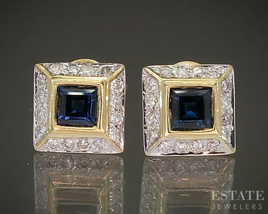 18k Yellow Gold Natural Diamond & Blue Sapphire Square Stud Earrings 2.8g p24275