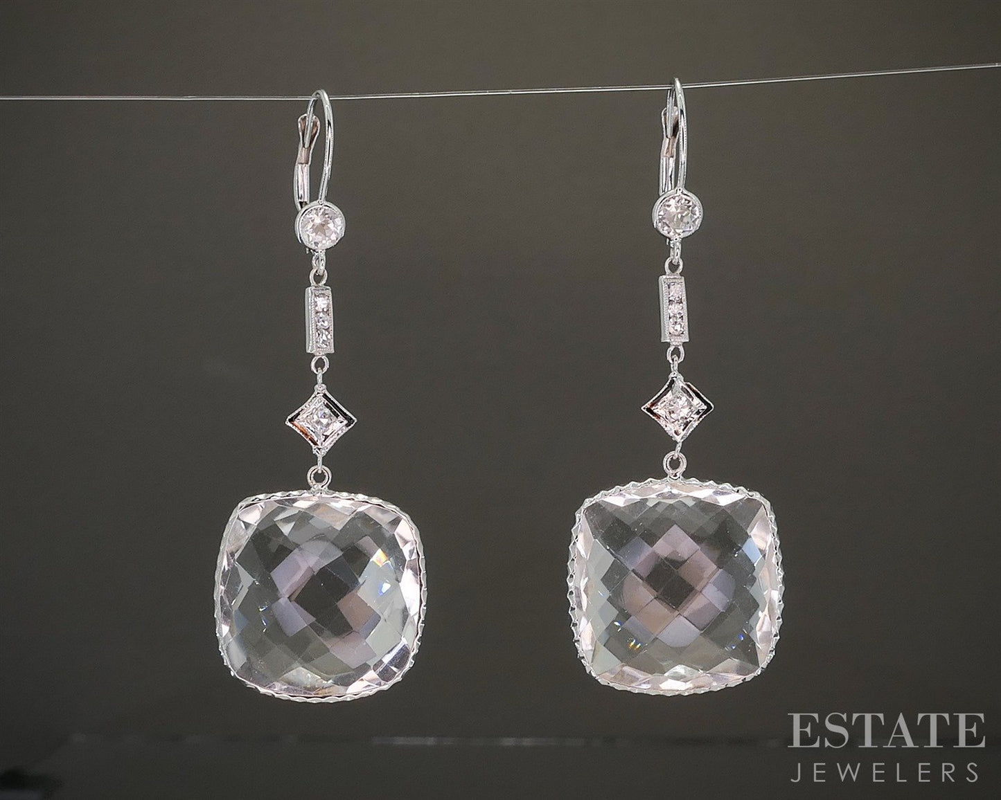 Vintage 14k White Gold Rock Crystal Quartz & Diamond Dangle Earrings 9.2g p26825