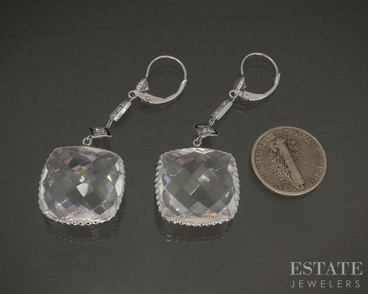 Vintage 14k White Gold Rock Crystal Quartz & Diamond Dangle Earrings 9.2g p26825