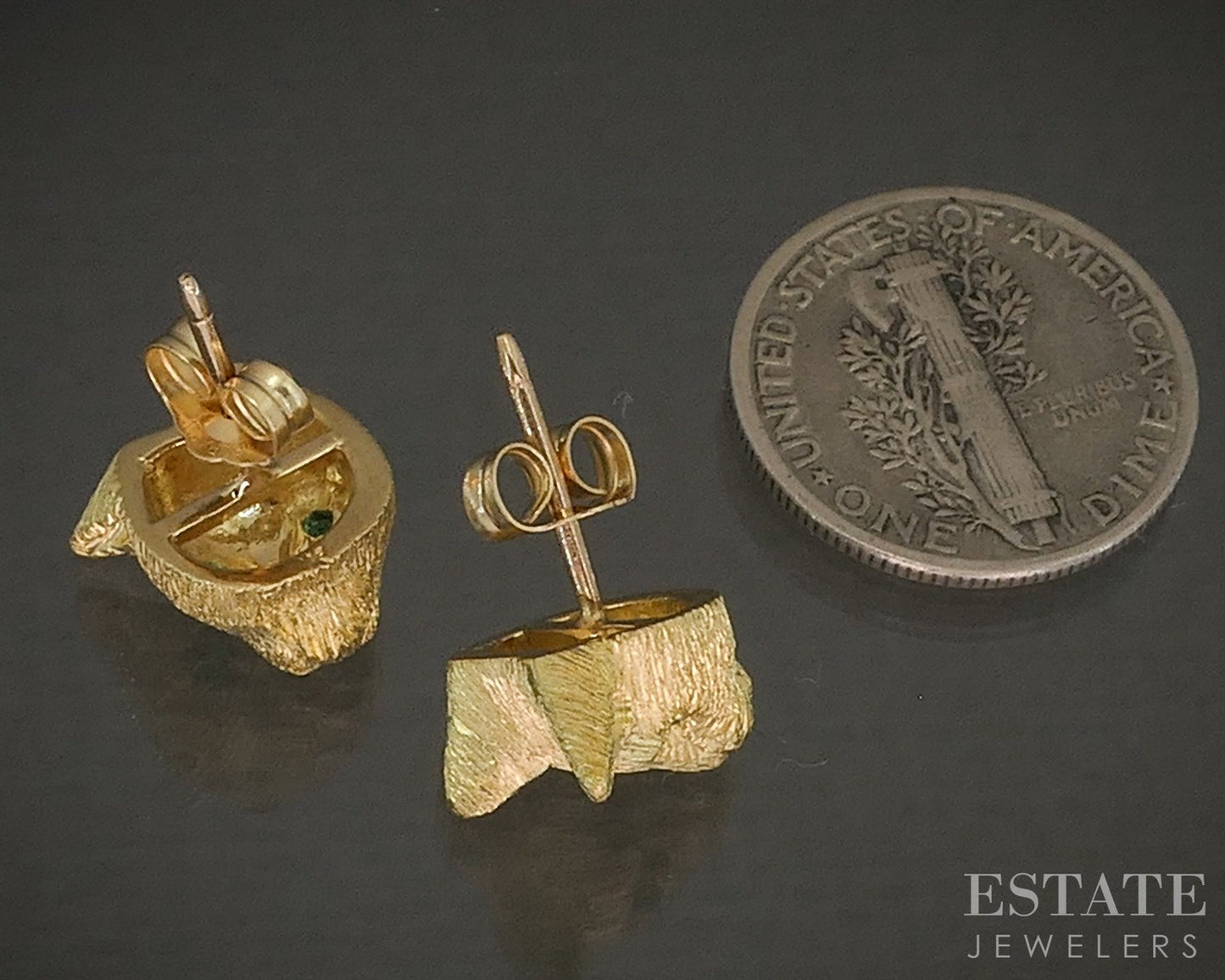 18k Yellow Gold Natural Emerald Cat Head Stud Earrings 6.5g p26545
