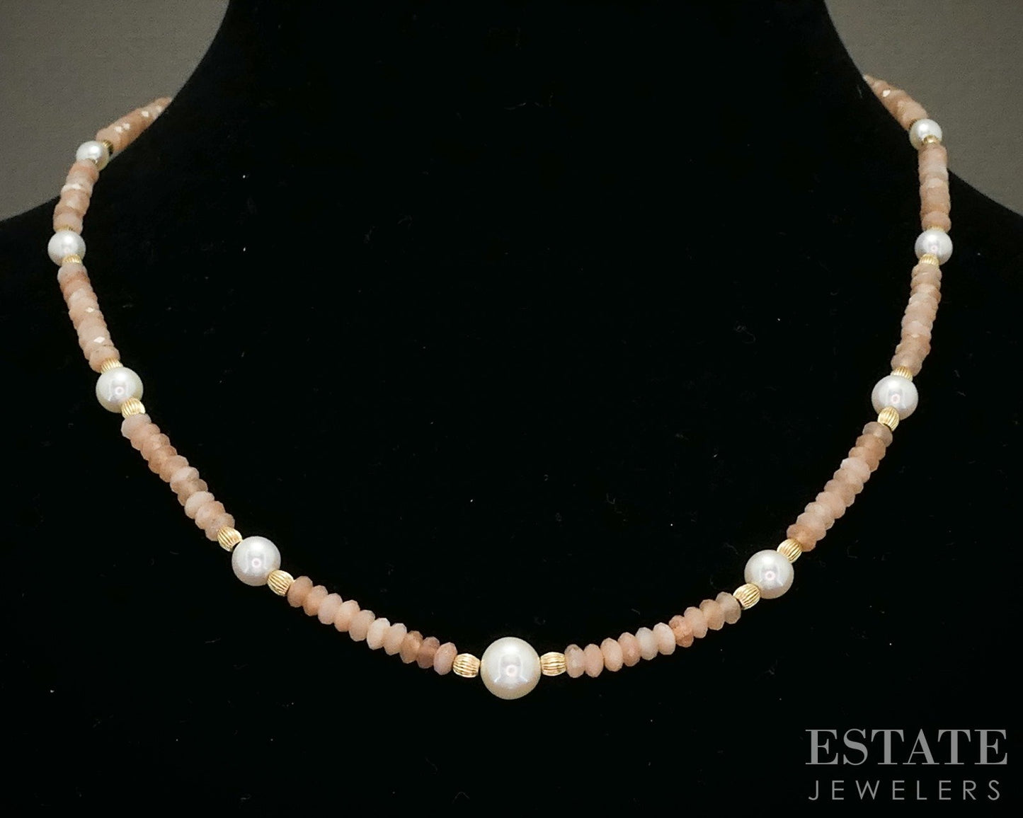 14k Yellow Gold Natural Peach Moonstone & Pearl Beaded Necklace 18"L p30100