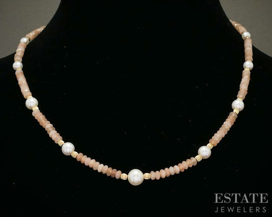 14k Yellow Gold Natural Peach Moonstone & Pearl Beaded Necklace 18"L p30100