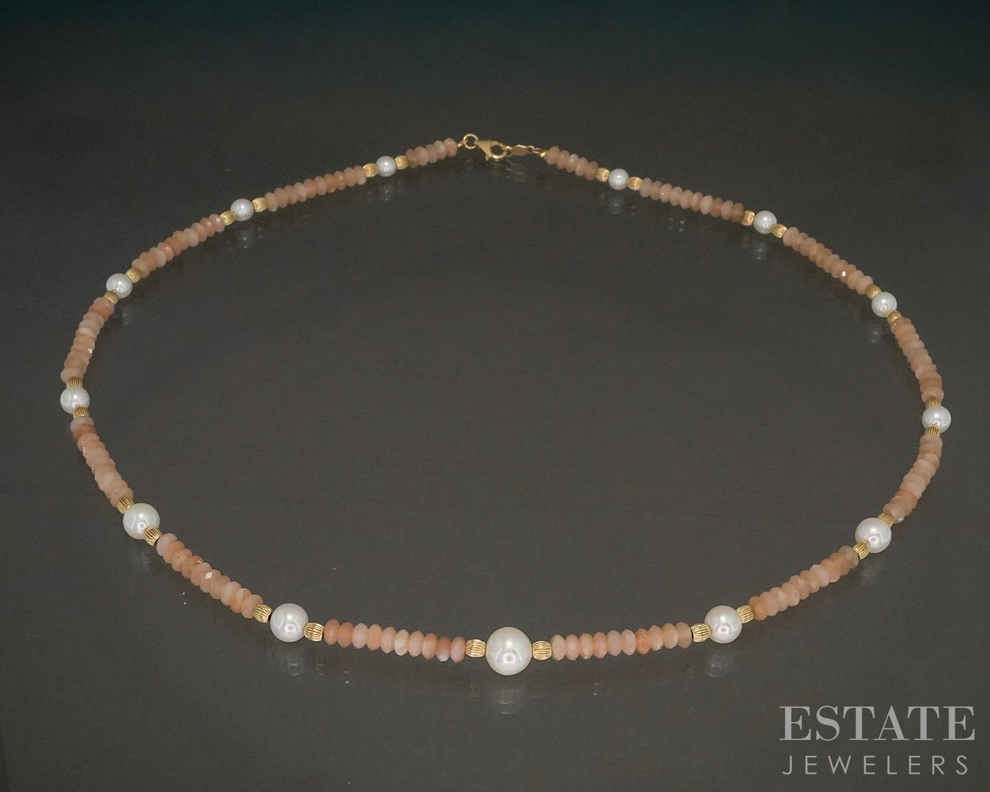 14k Yellow Gold Natural Peach Moonstone & Pearl Beaded Necklace 18"L p30100