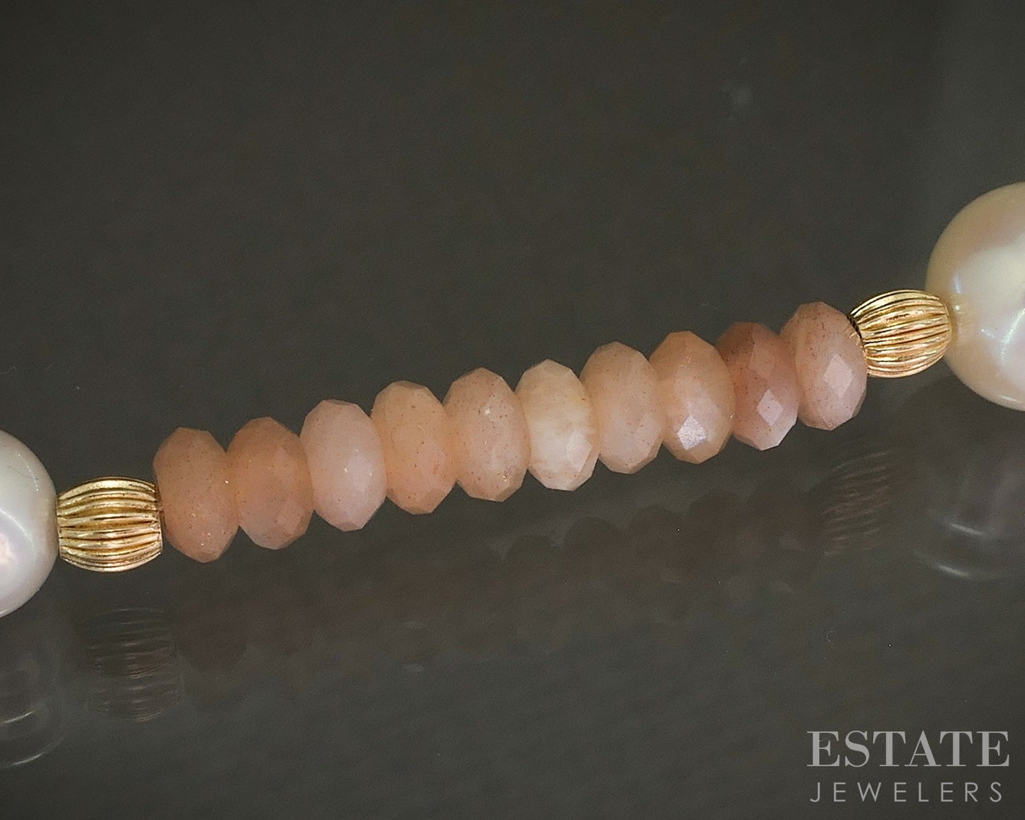 14k Yellow Gold Natural Peach Moonstone & Pearl Beaded Necklace 18"L p30100