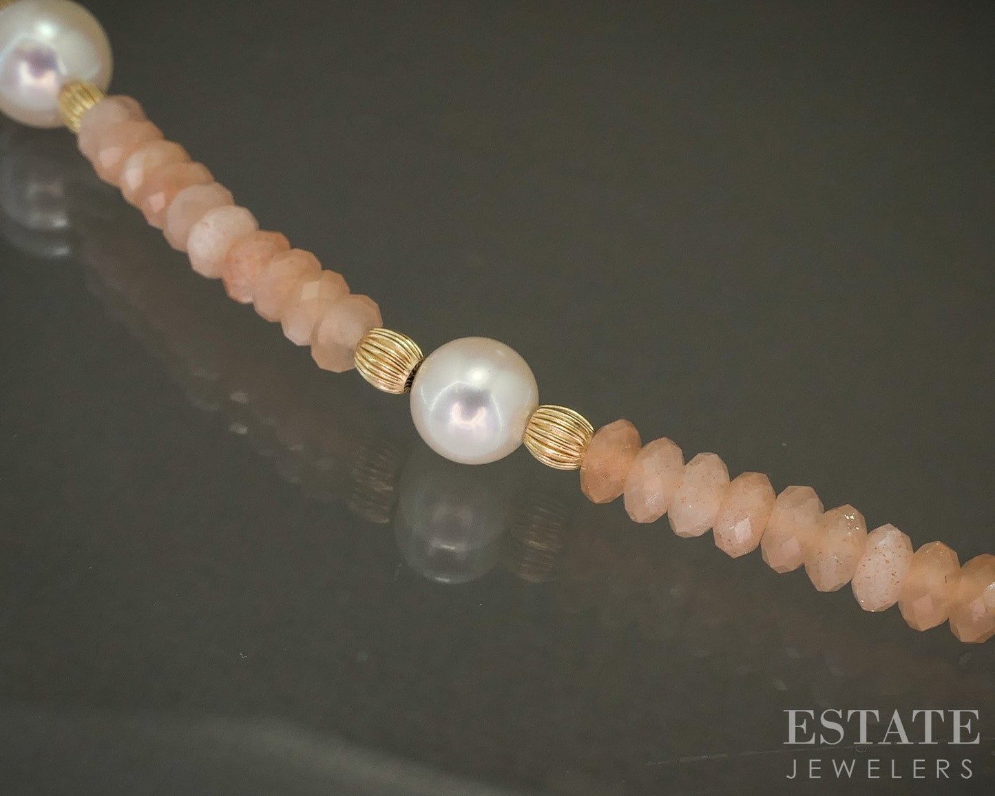 14k Yellow Gold Natural Peach Moonstone & Pearl Beaded Necklace 18"L p30100