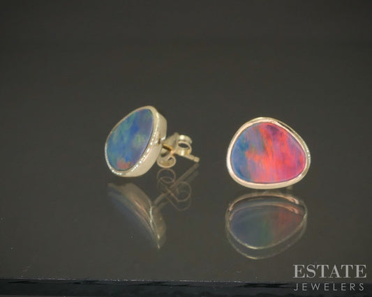 14k Yellow Gold Oval Natural Boulder Fire Opal Stud Earrings 2.2g p26953