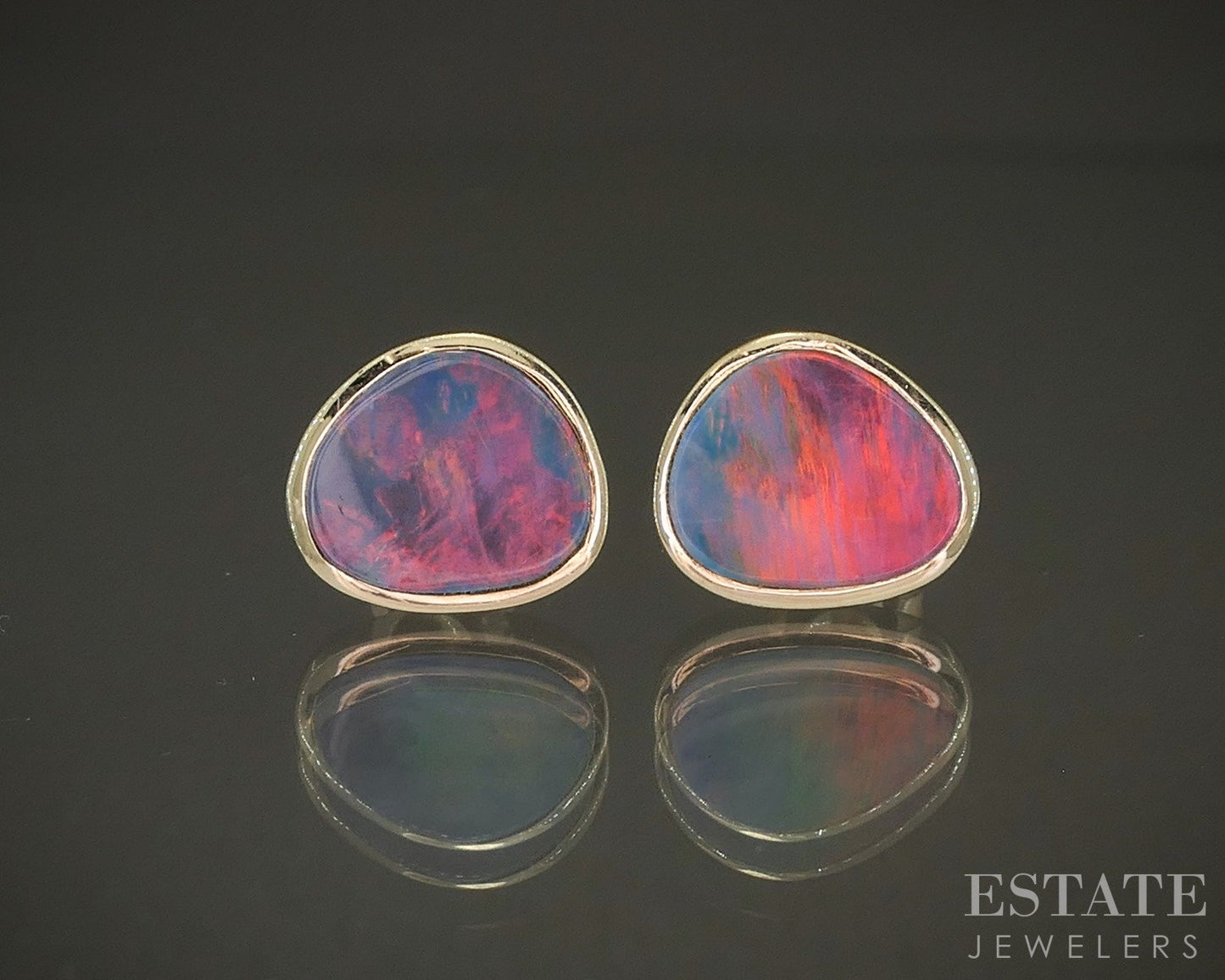 14k Yellow Gold Oval Natural Boulder Fire Opal Stud Earrings 2.2g p26953
