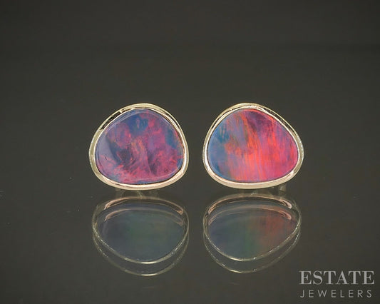 14k Yellow Gold Oval Natural Boulder Fire Opal Stud Earrings 2.2g p26953