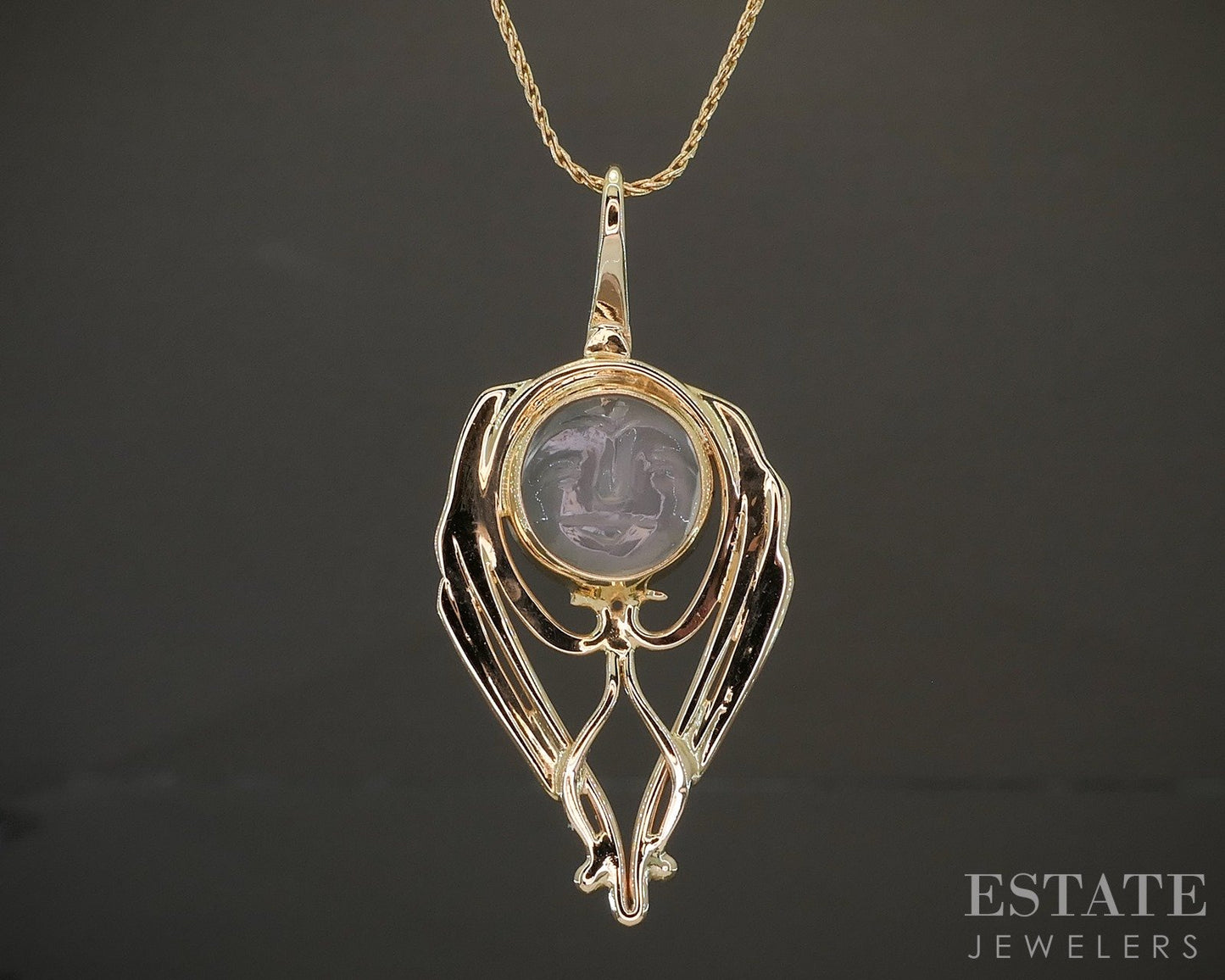 14k Yellow Gold Carved Natural Moonstone Man In The Moon Necklace 4g 16"L p27007
