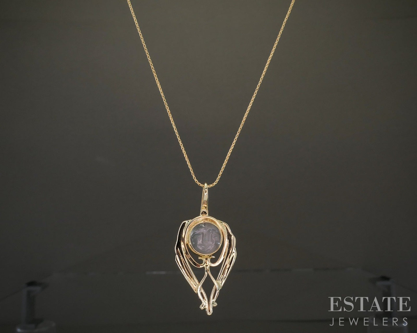 14k Yellow Gold Carved Natural Moonstone Man In The Moon Necklace 4g 16"L p27007