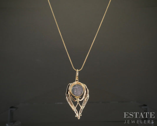 14k Yellow Gold Carved Natural Moonstone Man In The Moon Necklace 4g 16"L p27007