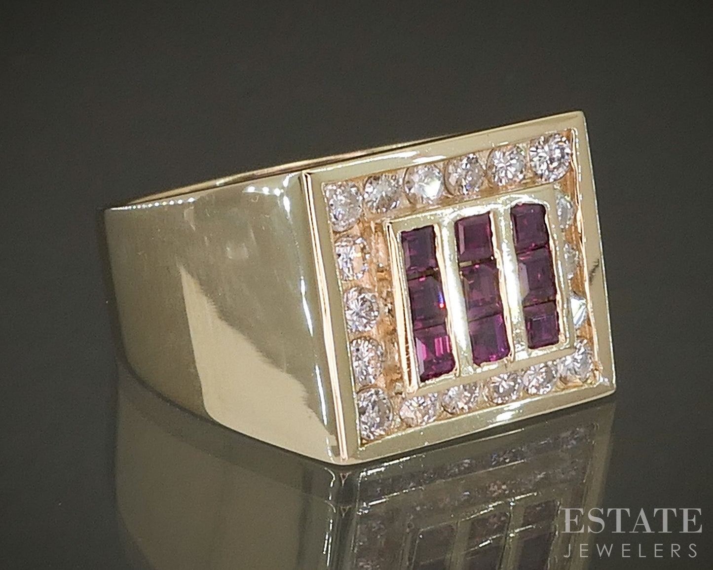 Vintage 14k Yellow Gold Natural Ruby & Diamond Mens Band Ring 8.7g p26977