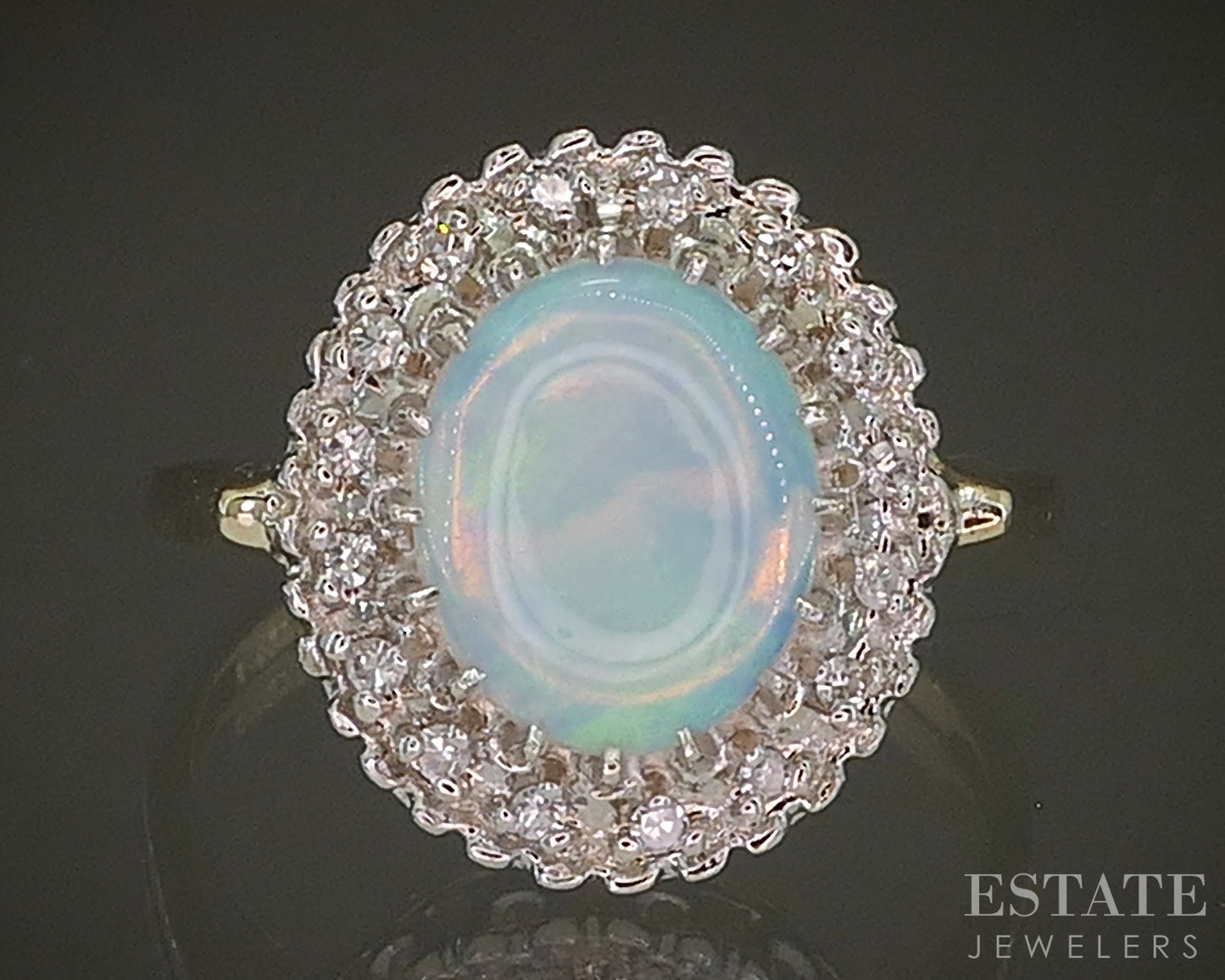 Vintage 14k Yellow Gold Oval Natural Opal & Diamond Ladies Ring 5.0g p26995